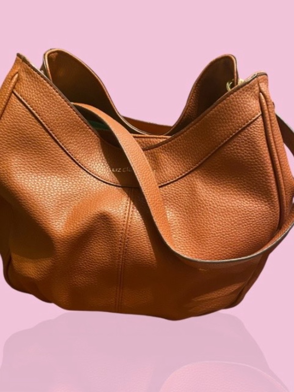 Liz Claiborne Cognac Pebbled Leather Shoulder Tote. measurements are 13 x 10. - Picture 5 of 9
